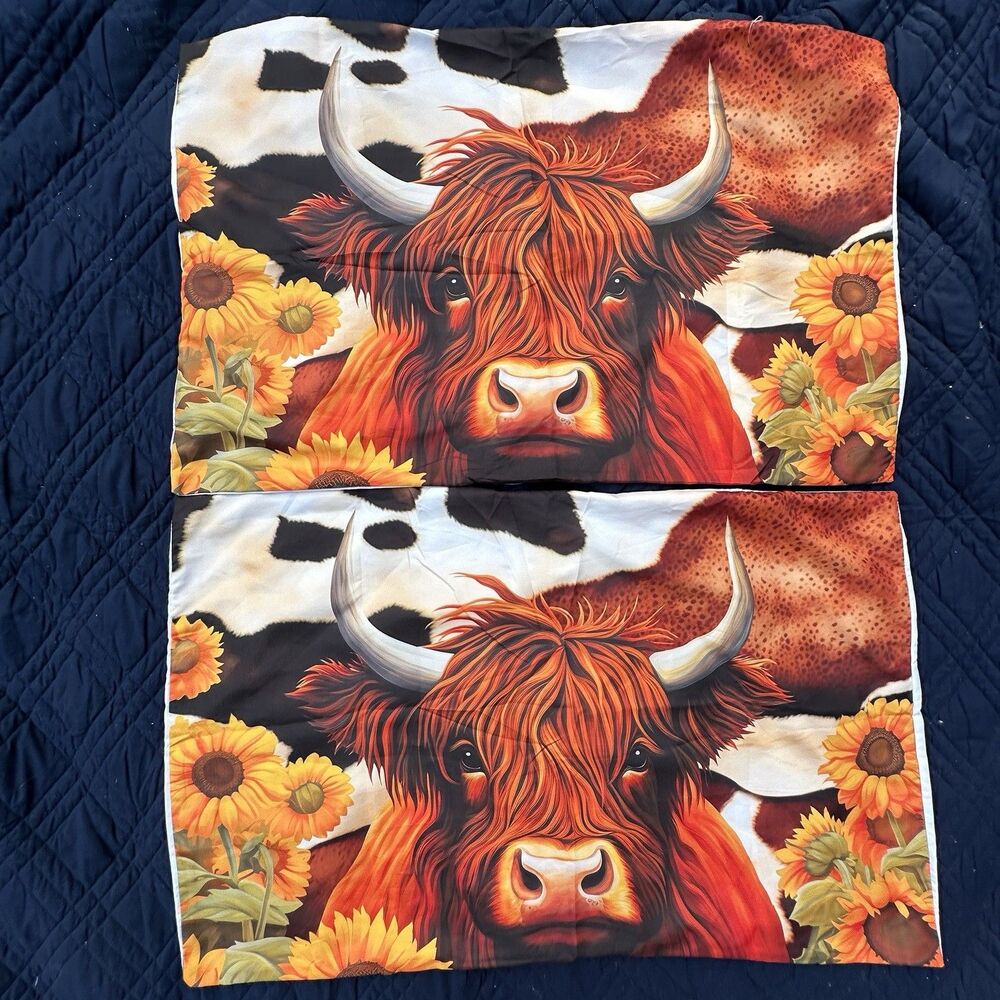 Highland Cow 2 Pillowcases Fabric Panels DIY Farmhouse Craft Sewing Decor 29x19
